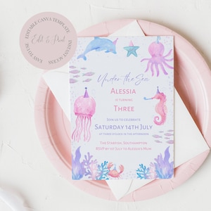 Under the Sea Three Invitation, Editable Ocean Invite, Girl’s Birthday, Underwater Theme, 3rd Birthday, Dolphin, Seahorse, Fish, NB10