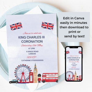London Theme Birthday Invite, Royal Invitation Canva Template, British Street Party, Watercolour Union Jack, Editable Digital Evite, NB13