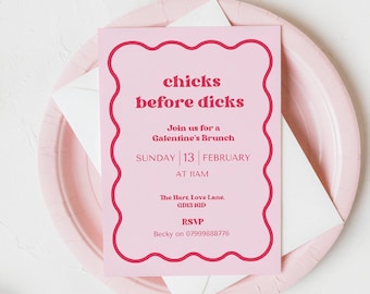 Galentine's Day Invitation Canva Template, Wavy Retro Brunch Digital Invite, Chicks before Dicks, Instant Download, Mobile Evite, NB12