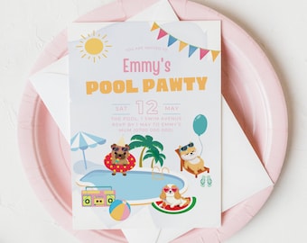 Dog Pool Party Invitation Canva Template, Pool Paw-ty Invite, Puppy Birthday Party, Digital Evite, Instant Download, Editable Invite,