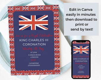 Union Jack Invitation, British Invite, Canva Template, Printable Royal Party Invite, Patriotic, Editable Digital Evite, NB13