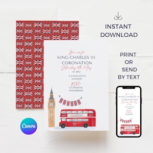 Printable London Bus Invite, British Birthday Invitation, Canva Template, Royal Street Party, Editable Digital Evite, NB13