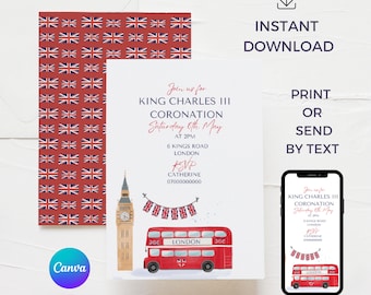 Printable London Bus Invite, British Birthday Invitation, Canva Template, Royal Street Party, Editable Digital Evite, NB13