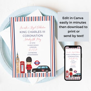 Printable London Birthday Invitation, British Party, Canva Template, Royal Street Party, London, Beefeater, Editable Digital Evite, NB13