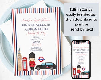 Printable London Birthday Invitation, British Party, Canva Template, Royal Street Party, London, Beefeater, Editable Digital Evite, NB13