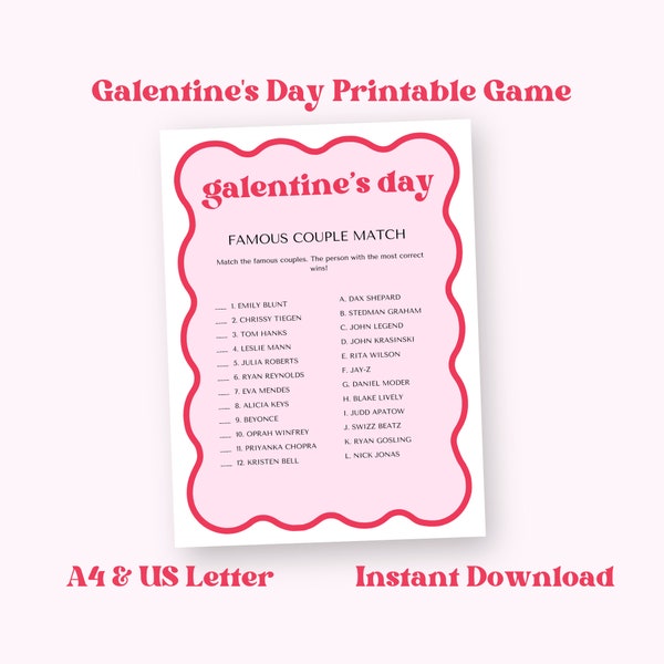 Galentine's Day Printable Game, Famous Couples, Valentine's Day Activities, Adult Party Games, Girl's Night In, Wavy Border, NB12