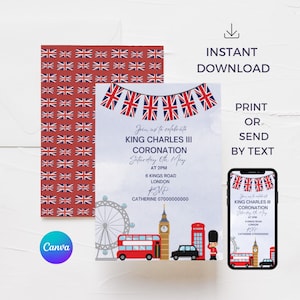 London theme Birthday Invitation, Royal Invite Canva Template, Street Party, Tea Party, Union Jack Bunting, Editable Evite, NB13