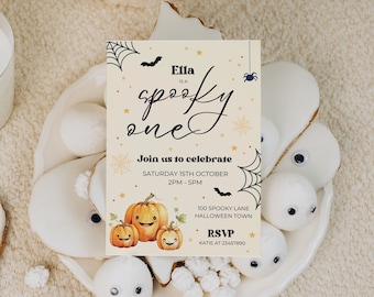 Halloween Spooky One Birthday Invitation, Pumpkin 1st Birthday Invite, Editable Canva Template, Spooky 1st Birthday, Digital Download