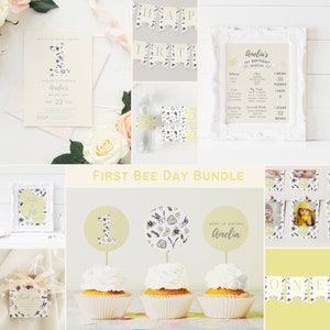 First Bee Day Birthday Invitation Bundle, 1st Bee Day, Bee Invitation, Bee Birthday Decor, Bee Birthday Party, Bee Theme Birthday, NB03