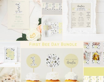 First Bee Day Birthday Invitation Bundle, 1st Bee Day, Bee Invitation, Bee Birthday Decor, Bee Birthday Party, Bee Theme Birthday, NB03