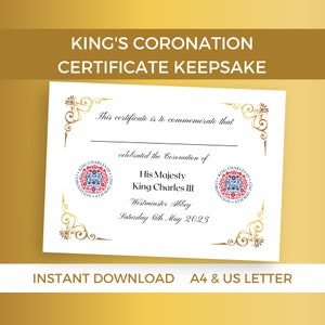 King Charles III Coronation Certificate, Commemorative Coronation Gift, Royal Certificate, Printable Kids Activities, Instant Download, NB13