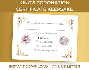 King Charles III Coronation Certificate, Commemorative Coronation Gift, Royal Certificate, Printable Kids Activities, Instant Download, NB13