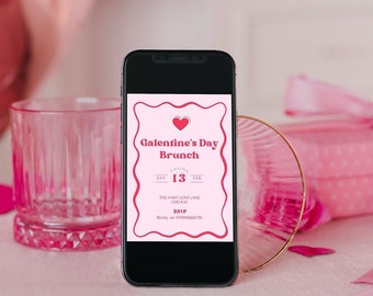 Galentine's Day Mobile Invitation , Canva Template, Wavy Retro Brunch Digital Invite, Friends Valentine's Party, Instant Download, NB12