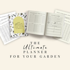 May include: A set of printable garden planner pages with a bee and honeycomb design. The pages include sections for seasonal checklists, plant cards, seed purchase logs, and soil status.