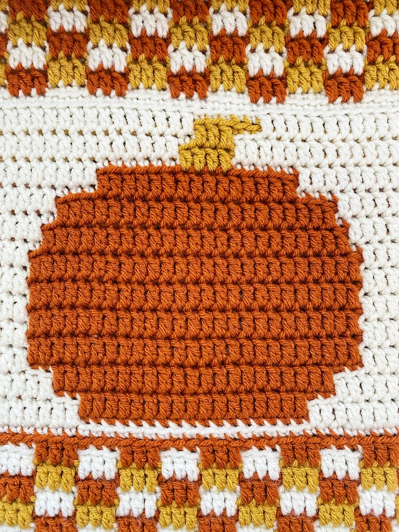 May include: A crocheted pumpkin with an orange body and a yellow stem. The pumpkin is surrounded by a white crocheted background with a checkered pattern of orange, white, and yellow.