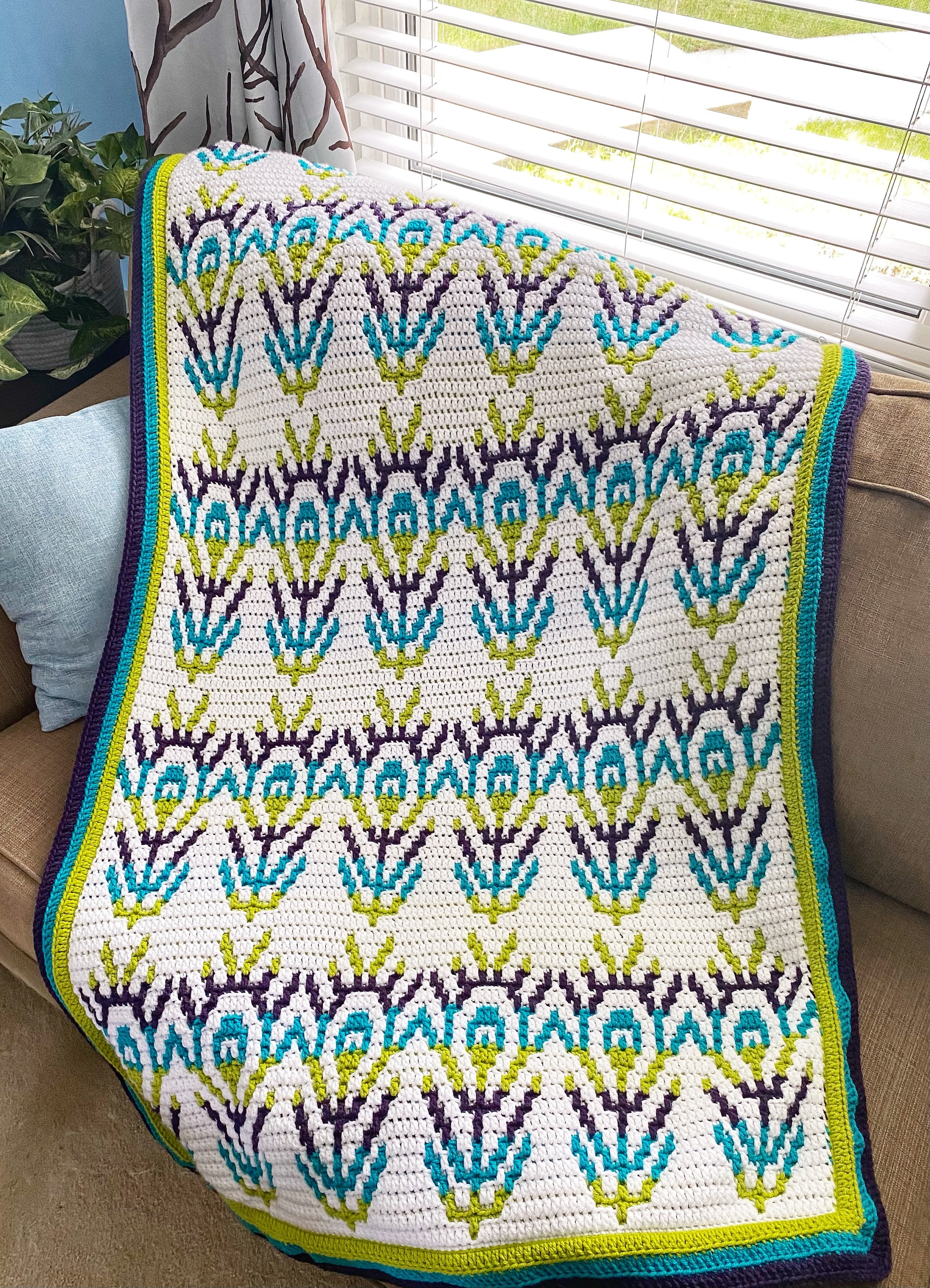 12 Peacock Feather Crochet Patterns to Inspire Elegant Gifts and Home Decor 11 Peacock Feather Mosaic Crochet Blanket Pattern: Beginner