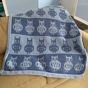 May include: A blue and gray crocheted blanket with a pattern of owls. The blanket is made with a soft yarn and has a subtle texture.