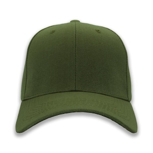 May include: Olive green baseball cap with a curved brim. The cap has a structured crown and a small button on top. The fabric has a subtle texture. A classic, casual accessory.
