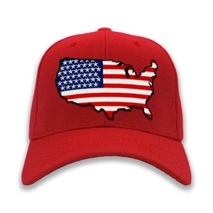 May include: A red baseball cap with an embroidered American flag in the shape of the United States.