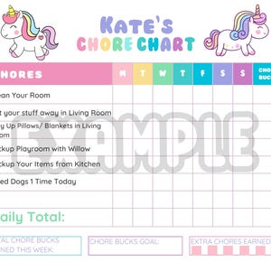 May include: A printable chore chart with a unicorn theme. The chart is designed for a child named Kate and includes a list of chores, a daily total, and a section for tracking chore bucks earned. The chart has a pink, blue, and yellow color scheme.
