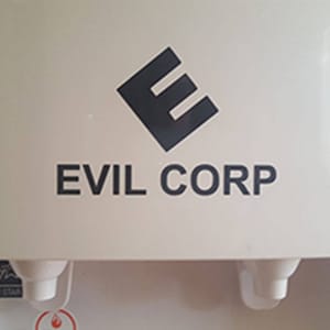 May include: A white water cooler with a black logo that says "EVIL CORP" and a stylized black "E" in a diamond shape.