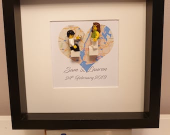 Personalised Engagement minifigure frame she said yes, minifigure one knee, custmoise background and minifigures we can help design