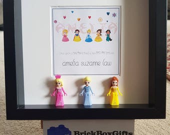 Children Princesses  3D Minifigure frame customise name Belle, Cindarella