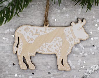 White Folk Art Cow Christmas Decoration