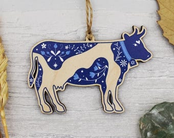 Blue Floral Cow Wooden Hanging Decoration