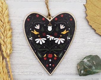 Wildflower Folk Heart Wooden Hanging Decoration