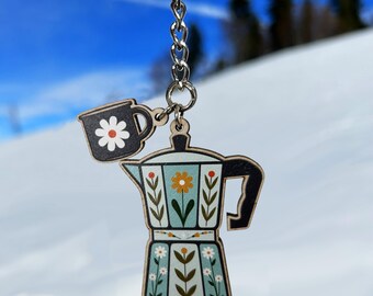 Camping Flowers Coffee Pot Keyring