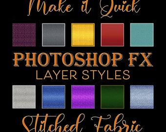 53 Photoshop アドオン、ステッチされたファブリック テクスチャ FX プリセット、ワンクリック エフェクト、Photoshop レイヤー スタイル、ASL Photoshop テキスト エフェクト テクスチャ レイヤー