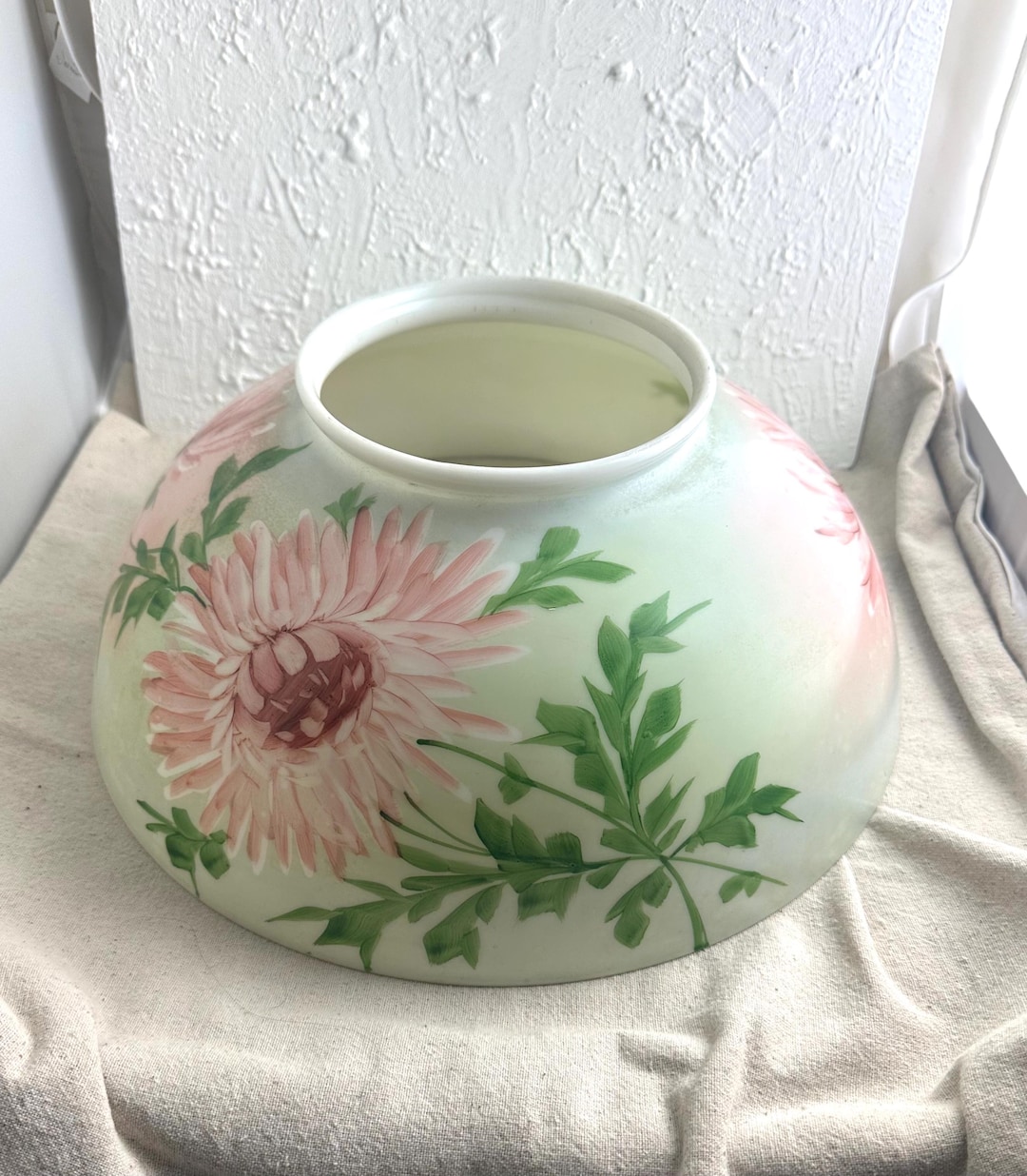 Vintage Hand Painted Glass Lamp Shade, 14" Diameter, 5 3/8" Top Opening ...
