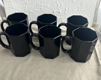 Vintage Arcoroc Octime Black Glass Mugs, Set of 6