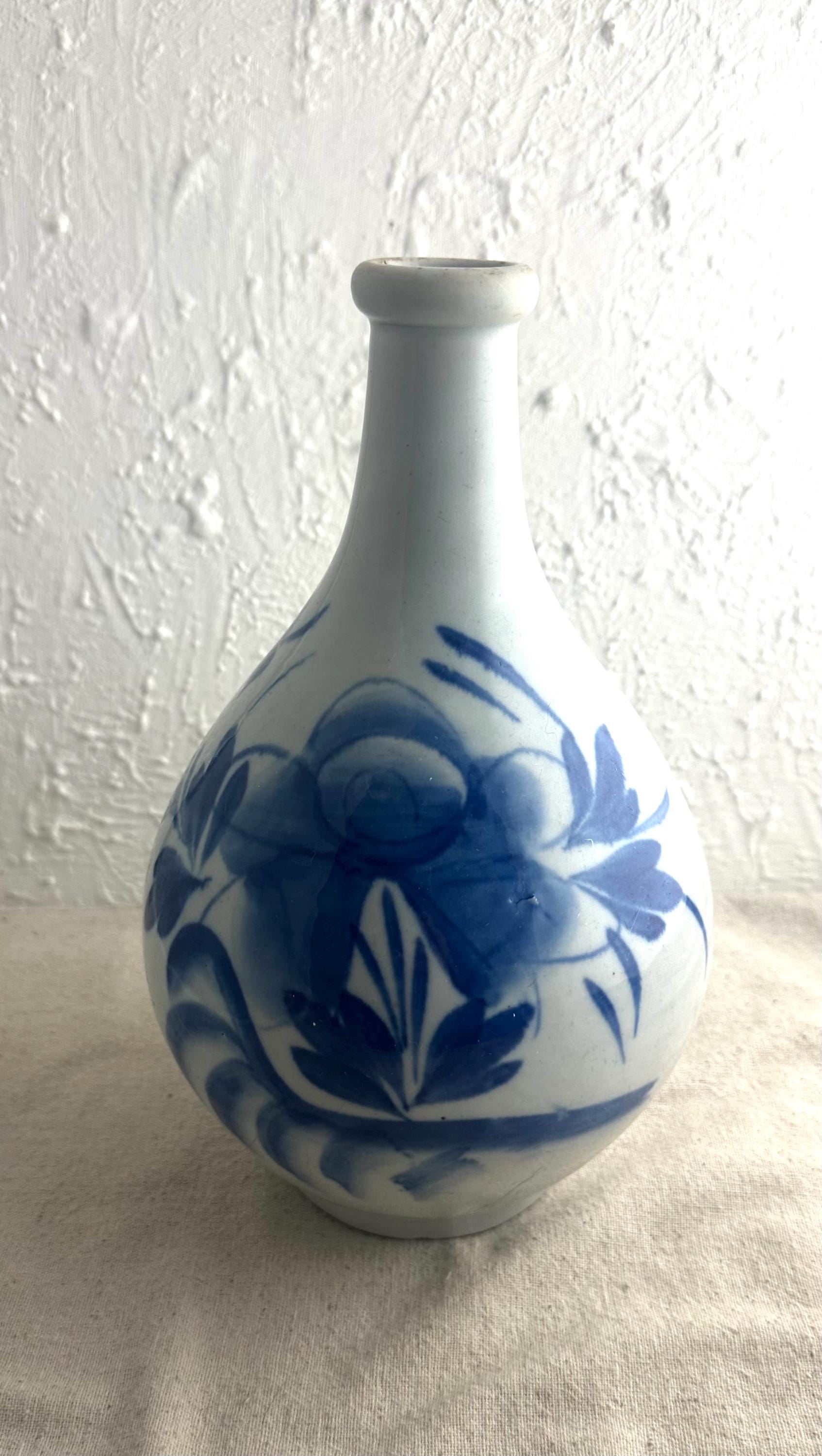 Vintage Pottery Saki Bottle, Gray Glaze With Blue Floral Detail - Etsy