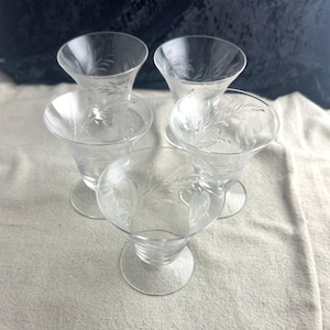 Tiffin-Franciscan Crystal Glasses, set of 5, Mystic pattern, oyster or fruit cocktail, etched, floral, vintage