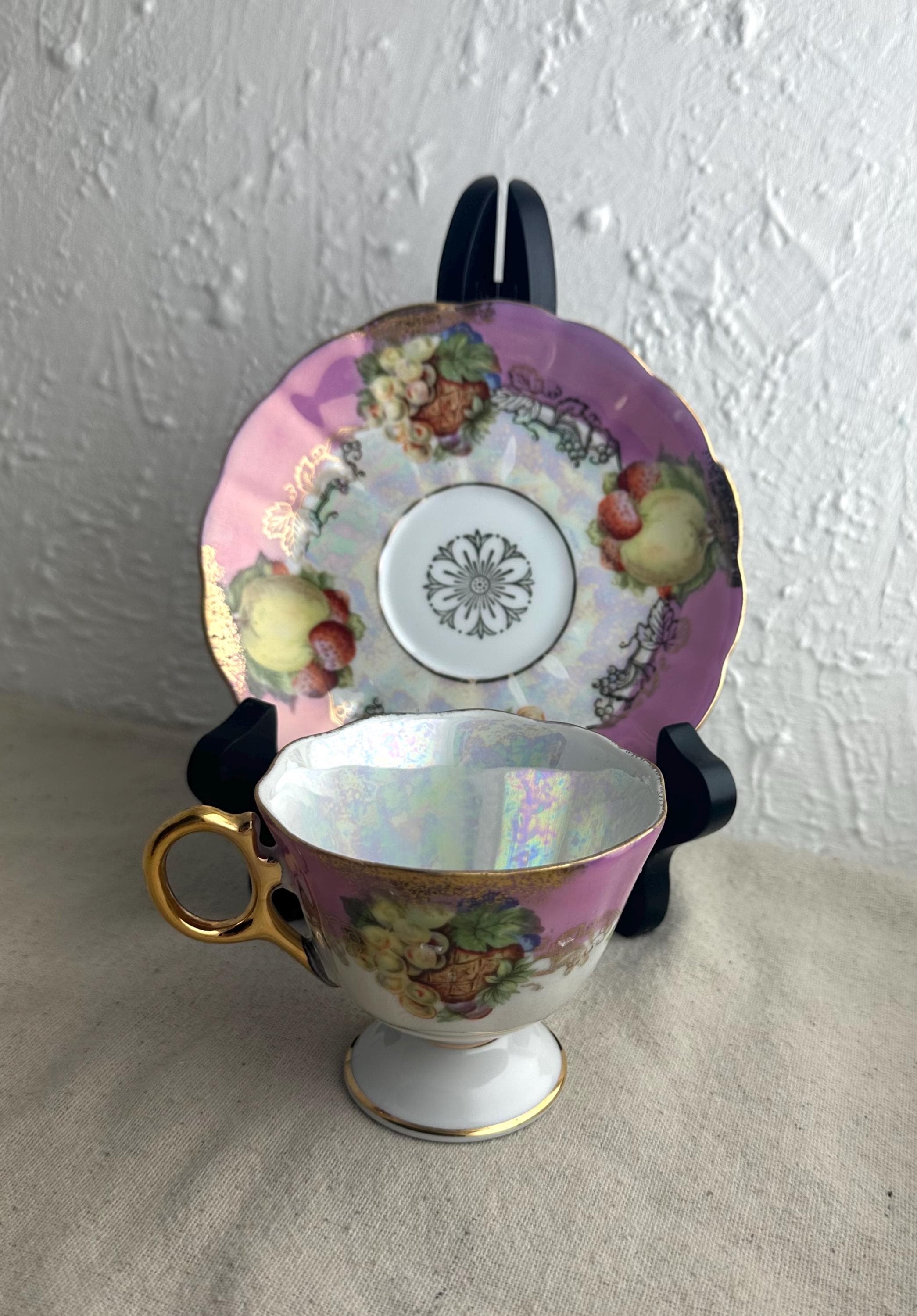 Royal Halsey Tea Cup and Saucer Set, Pink, Fruit, Golden Detail