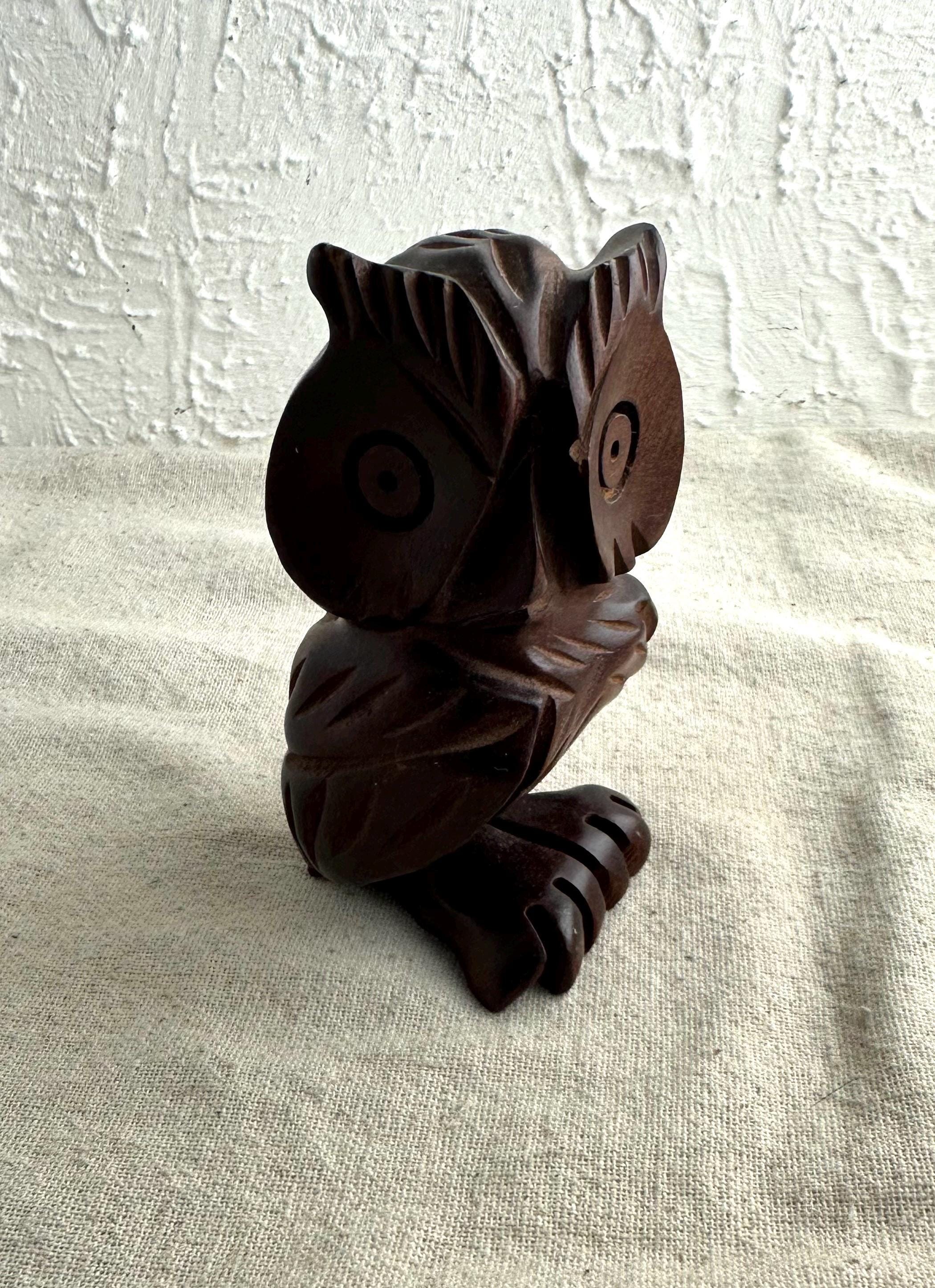 Carved Owl Figurine, souvenir from Jamaica, folk art, 4" tall x 2" wide, preowned