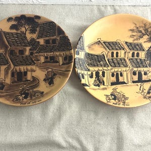 2 Vintage Hand Painted Plates from Vietnam, 7 1/2&quot; diameter, &quot;Pho Co How An&quot; (Ancient Town of Hoi An), 1960&#39;s