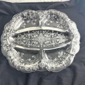 Cambridge Rose Point Relish Dish, 12 1/2" x 10 1/2" x 1 1/4" tall, etched detail, 5 compartments, crystal, preowned