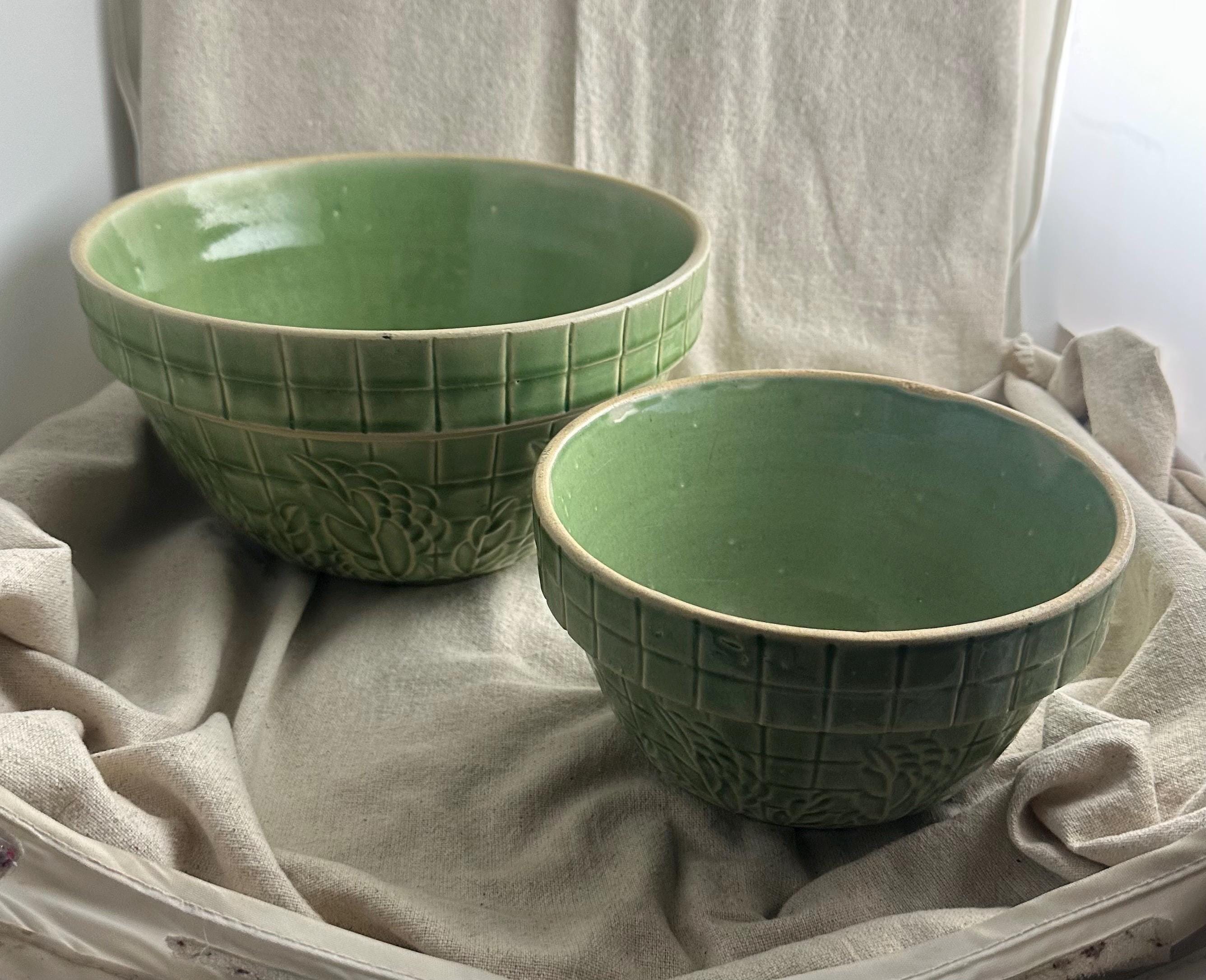 Vintage Yellow Ware Mixing Bowls, Green Glaze, Wheat Design - Etsy