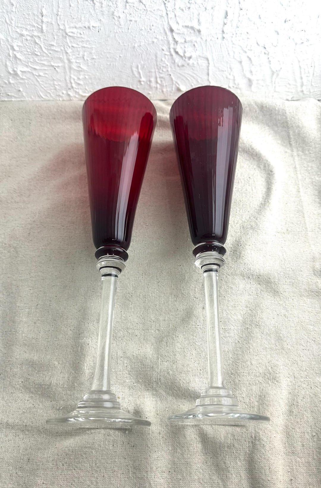 Ruby Red Ribbed Glass Toasting Flutes, Applied Clear Stems - Etsy
