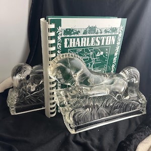 L E Smith Art Deco Style Glass Horse Bookends, matching pair, 7&quot; tall x 8&quot; long x 2 3/4&quot; wide, vintage, preowned