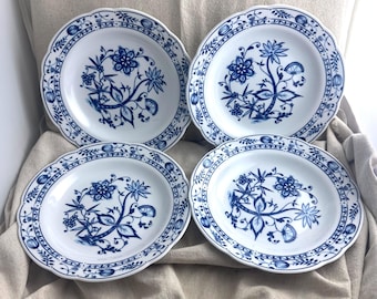 4 Zwiebelmuster Germany Blue Onion Soup Bowls, 8 5/8" diameter, white porcelain with blue, branded, preowned