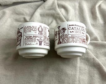 2 Vintage USA Pottery Cups with Sears Roebuck Graphics, read