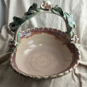 Studio Pottery Basket with Vine, Leaves, and Flowers on Handle, signed BR