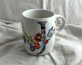 Starla Halfmann for Anthropologie Petal Palette Initial J Mug, 14 ounce capacity, 4" tall x 3" diameter, preowned, branded