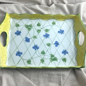 Andrea by Sadek Porcelain Dresser Tray, 10 1/8&quot; x 7&quot;, 2&quot; tall on ends, 1&quot; tall sides, violets and lattice, yellow with green dots