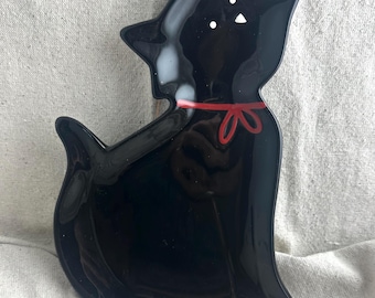Plato porta baratijas Tag Black Cat, 8" x 5", cerámica, lazo rojo, Halloween, festividad, usado, de marca
