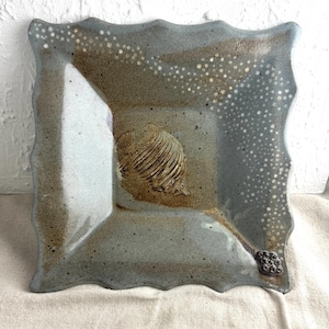 May include: A square ceramic plate with a wavy edge. The plate is decorated with a light blue glaze and brown accents. The plate has a raised design of a shell in the center.